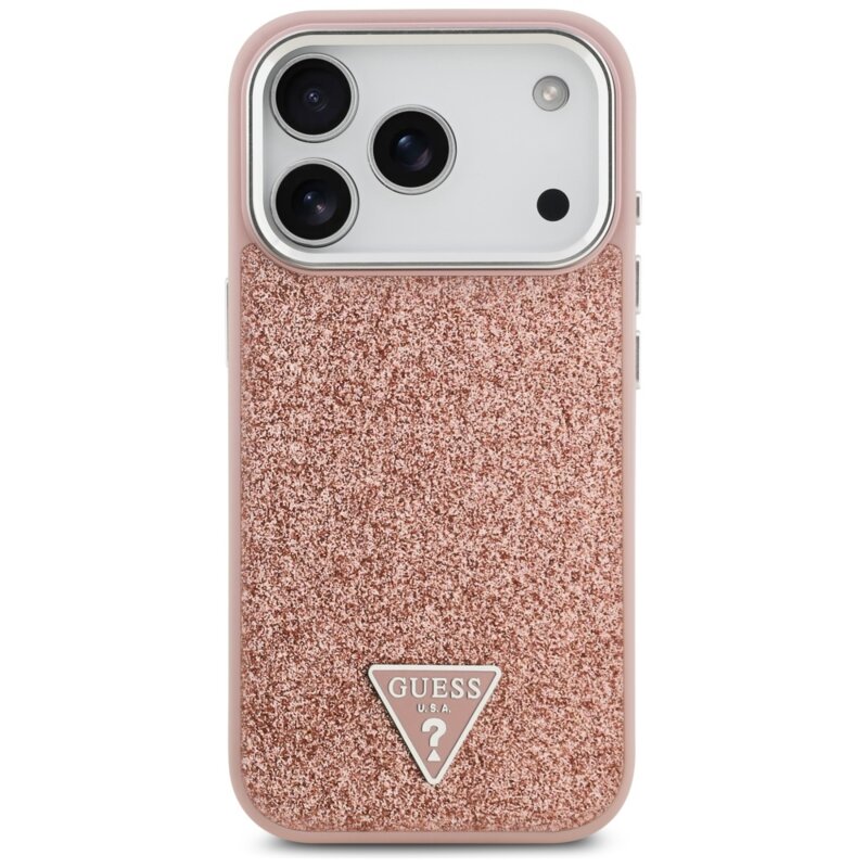 Husa Guess Glitter Triangle Logo MagSafe iPhone 17 Pro cu sclipici, roz, GUHMP17LPFGTSCMP