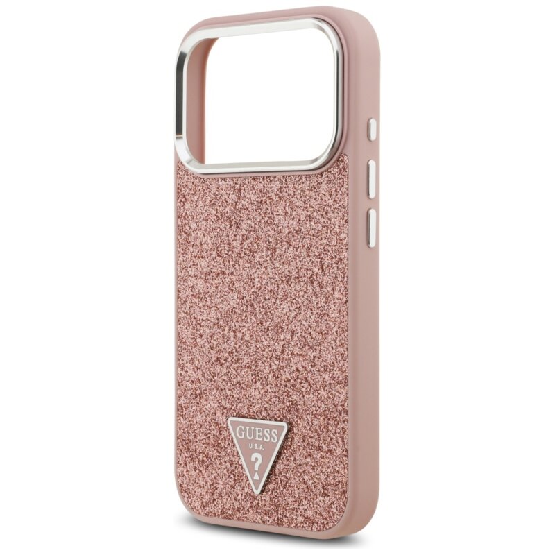 Husa Guess Glitter Triangle Logo MagSafe iPhone 17 Pro cu sclipici, roz, GUHMP17LPFGTSCMP