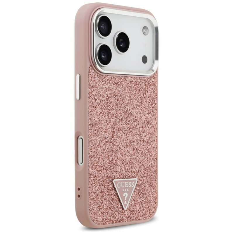 Husa Guess Glitter Triangle Logo MagSafe iPhone 17 Pro cu sclipici, roz, GUHMP17LPFGTSCMP