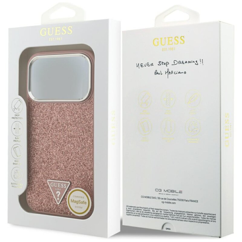 Husa Guess Glitter Triangle Logo MagSafe iPhone 17 Pro cu sclipici, roz, GUHMP17LPFGTSCMP