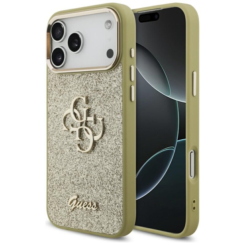 Husa Guess Fixed Glitter Big 4G Metal Frame iPhone 17 Pro Max cu sclipici, auriu, GUHCP17XHG4SGCD