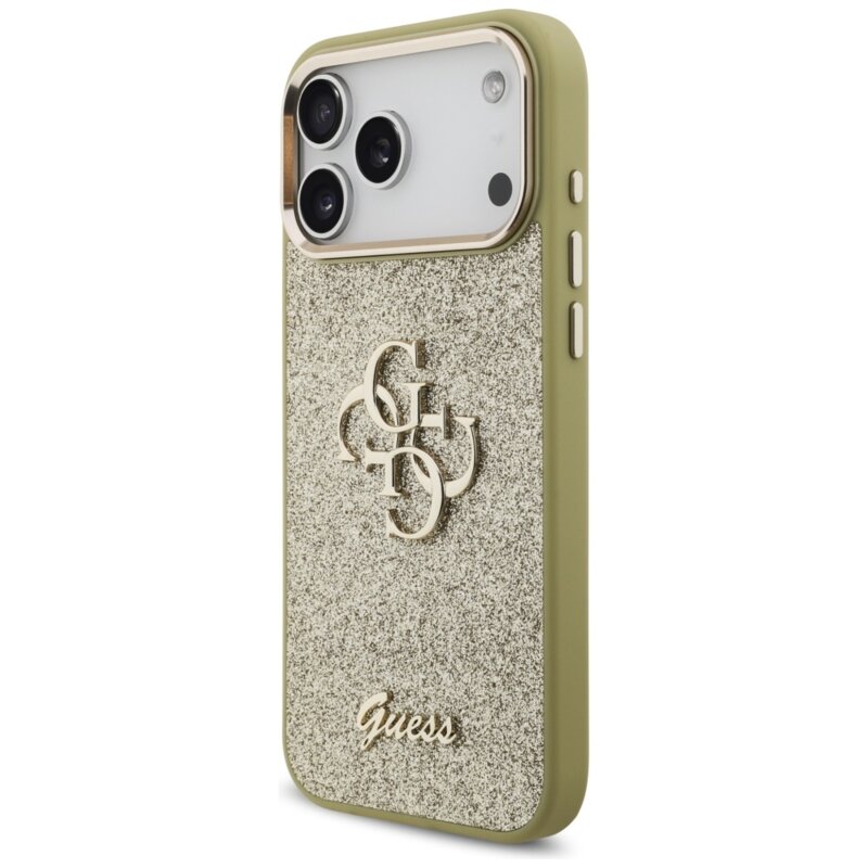 Husa Guess Fixed Glitter Big 4G Metal Frame iPhone 17 Pro Max cu sclipici, auriu, GUHCP17XHG4SGCD
