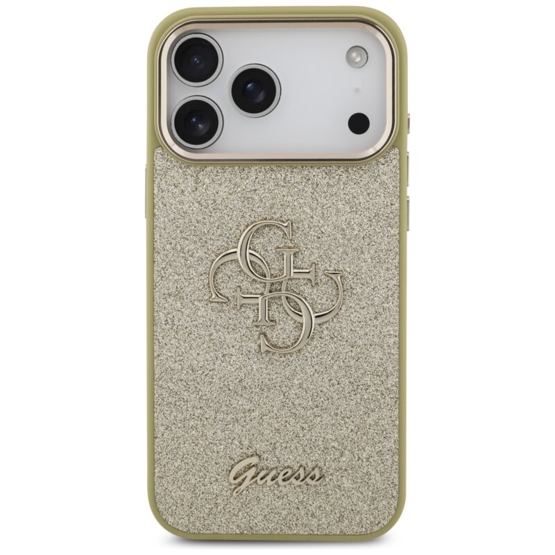 Husa Guess Fixed Glitter Big 4G Metal Frame iPhone 17 Pro Max cu sclipici, auriu, GUHCP17XHG4SGCD