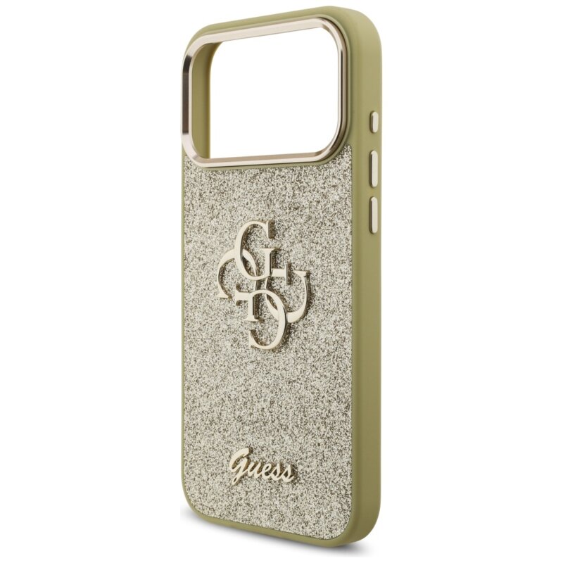 Husa Guess Fixed Glitter Big 4G Metal Frame iPhone 17 Pro Max cu sclipici, auriu, GUHCP17XHG4SGCD
