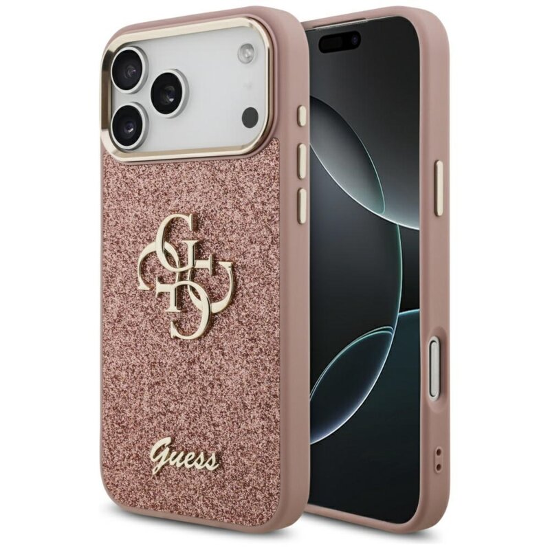 Husa Guess Fixed Glitter Big 4G Metal Frame iPhone 17 Pro Max cu sclipici, roz, GUHCP17XHG4SGCP