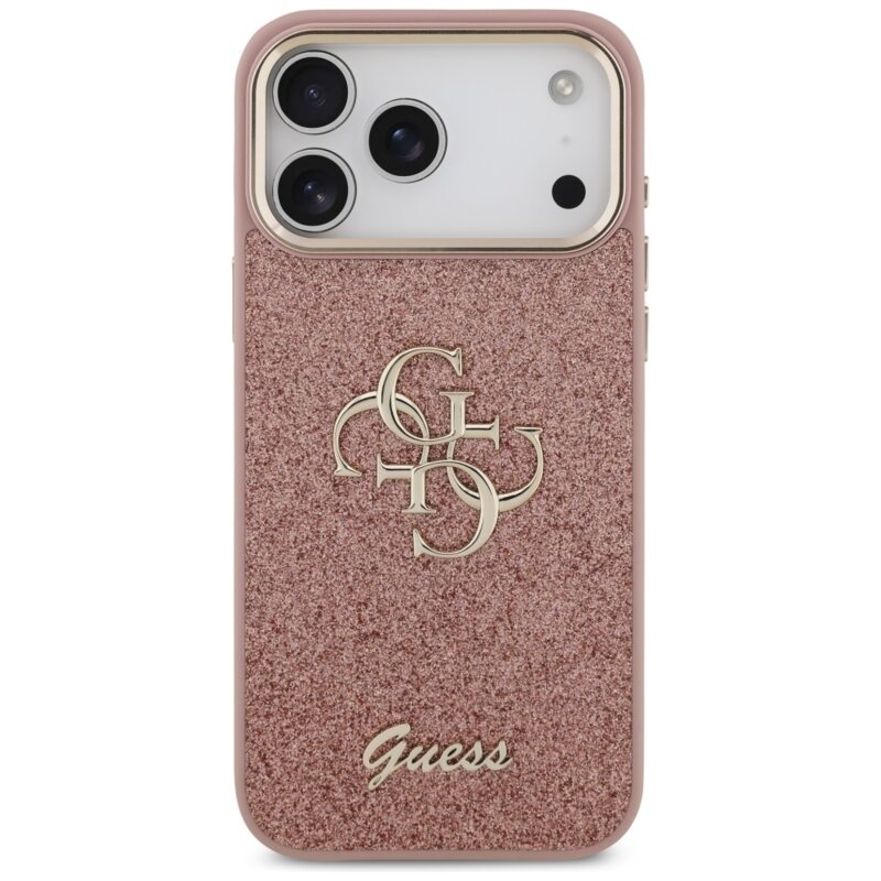 Husa Guess Fixed Glitter Big 4G Metal Frame iPhone 17 Pro Max cu sclipici, roz, GUHCP17XHG4SGCP