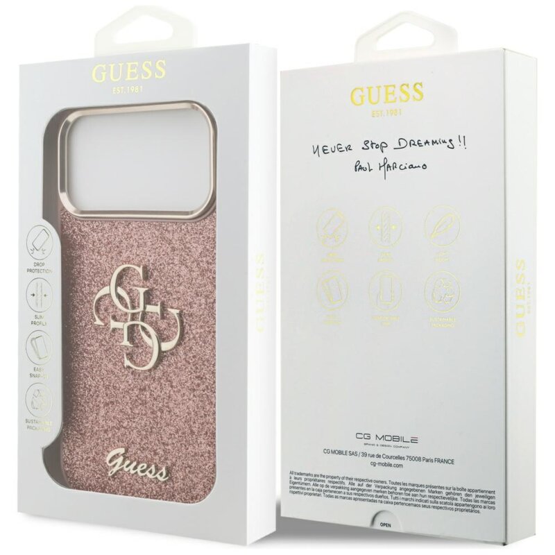 Husa Guess Fixed Glitter Big 4G Metal Frame iPhone 17 Pro Max cu sclipici, roz, GUHCP17XHG4SGCP