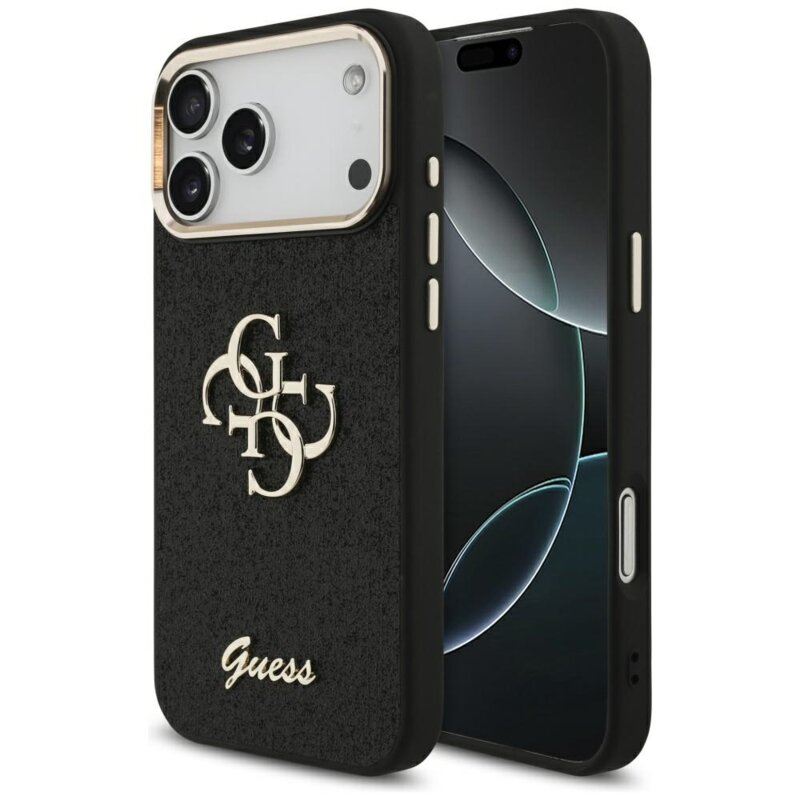 Husa Guess Fixed Glitter Big 4G Metal Frame iPhone 17 Pro Max cu sclipici, negru, GUHCP17XHG4SGCK
