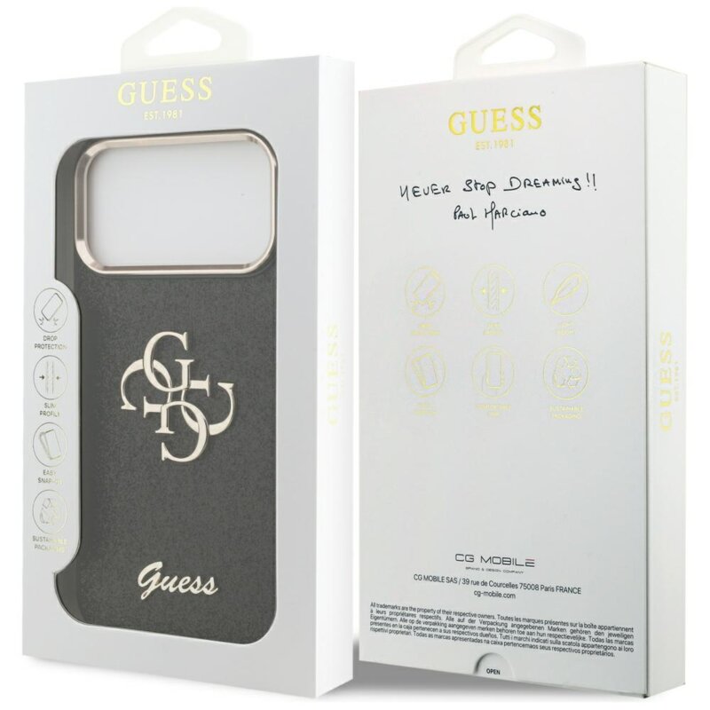 Husa Guess Fixed Glitter Big 4G Metal Frame iPhone 17 Pro Max cu sclipici, negru, GUHCP17XHG4SGCK