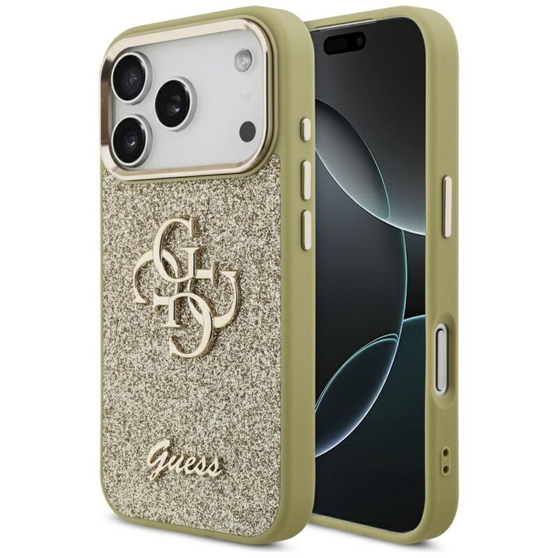 Husa Guess Fixed Glitter Big 4G Metal Frame iPhone 17 Pro cu sclipici, auriu, GUHCP17LHG4SGCD