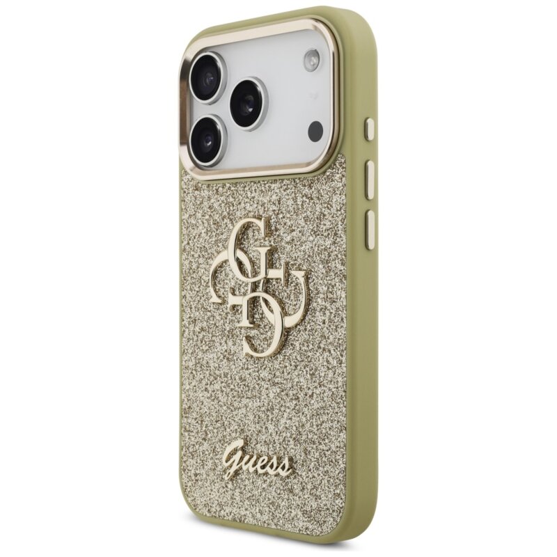 Husa Guess Fixed Glitter Big 4G Metal Frame iPhone 17 Pro cu sclipici, auriu, GUHCP17LHG4SGCD