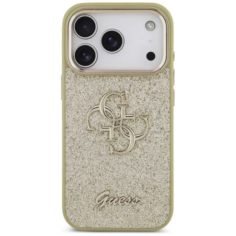 Husa Guess Fixed Glitter Big 4G Metal Frame iPhone 17 Pro cu sclipici, auriu, GUHCP17LHG4SGCD