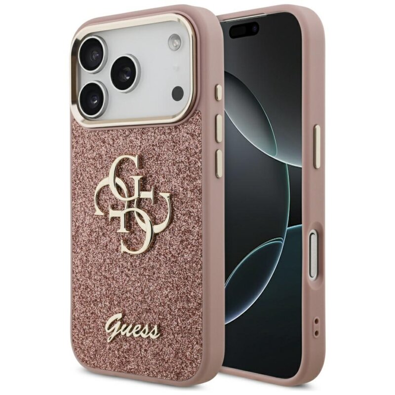Husa Guess Fixed Glitter Big 4G Metal Frame iPhone 17 Pro cu sclipici, roz, GUHCP17LHG4SGCP