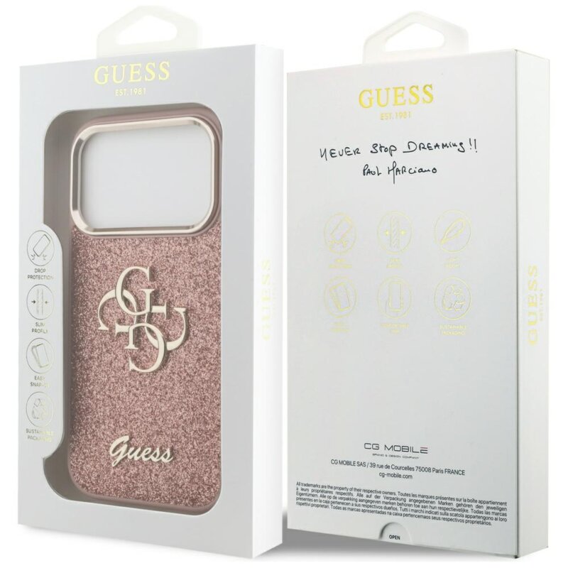 Husa Guess Fixed Glitter Big 4G Metal Frame iPhone 17 Pro cu sclipici, roz, GUHCP17LHG4SGCP