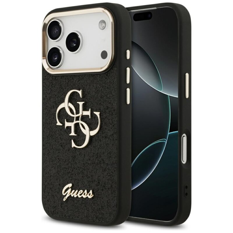 Husa Guess Fixed Glitter Big 4G Metal Frame iPhone 17 Pro cu sclipici, negru, GUHCP17LHG4SGCK