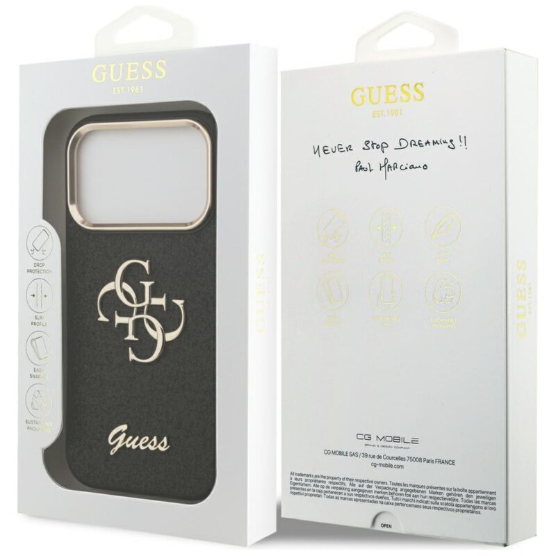 Husa Guess Fixed Glitter Big 4G Metal Frame iPhone 17 Pro cu sclipici, negru, GUHCP17LHG4SGCK