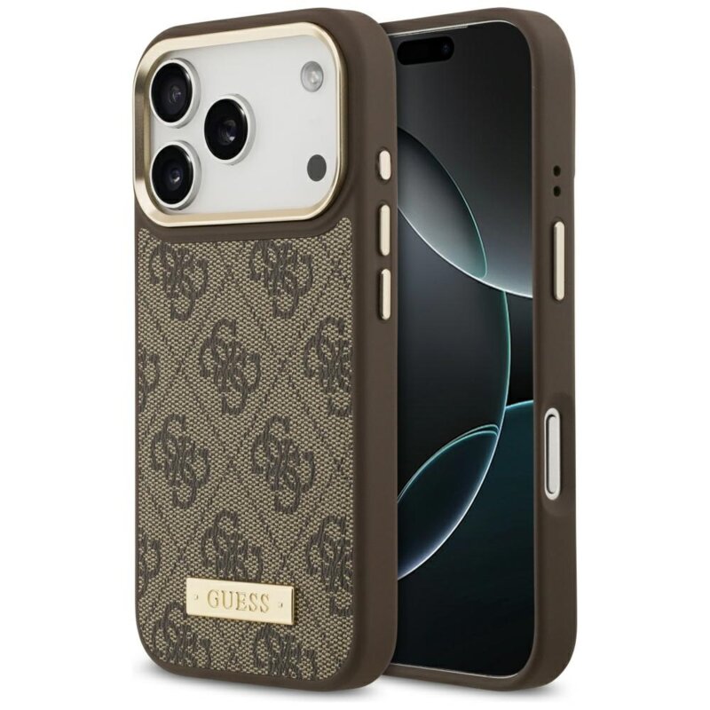 Husa originala Guess iPhone 17 Pro Hardcase 4G Logo Plate MagSafe, maro, GUHMP17LU4GPRW