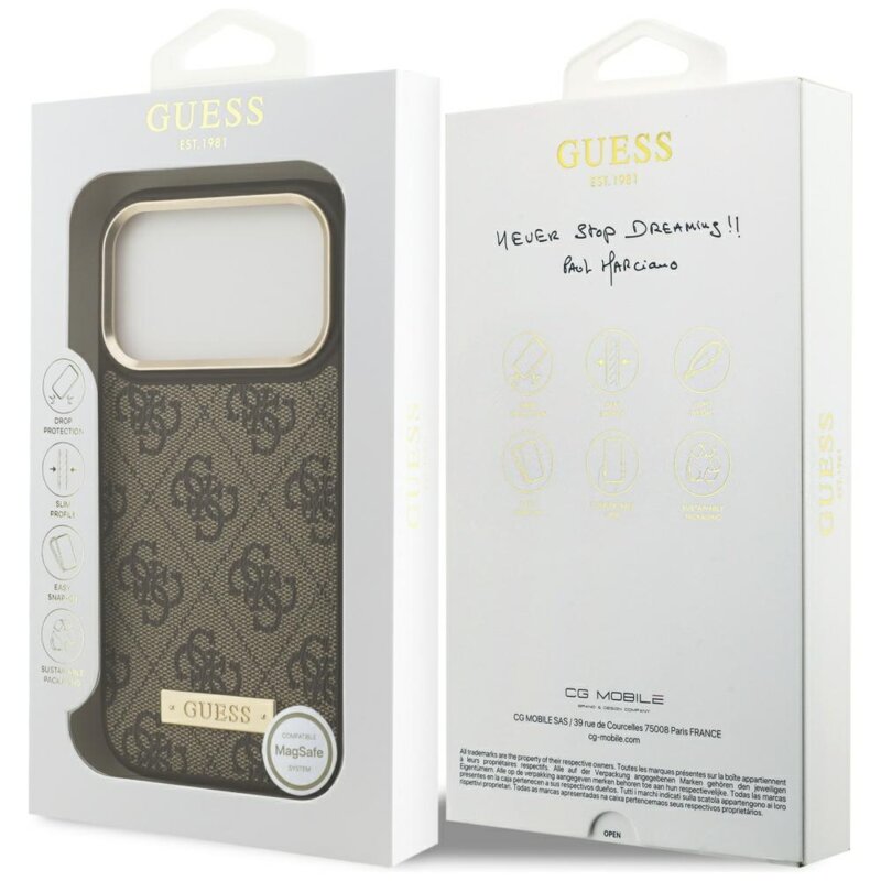 Husa originala Guess iPhone 17 Pro Hardcase 4G Logo Plate MagSafe, maro, GUHMP17LU4GPRW