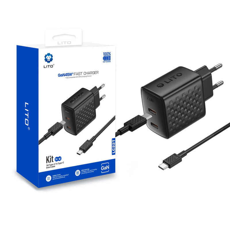Incarcator priza Type-C dual, 45W Lito cu cablu tip C, negru, LC22T
