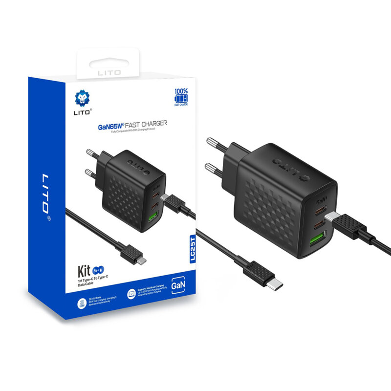 Incarcator priza 3in1 Type-C, USB, 65W Lito cu cablu tip C, negru, LC25T