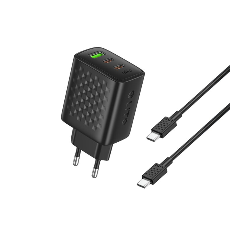Incarcator priza 3in1 Type-C, USB, 65W Lito cu cablu tip C, negru, LC25T