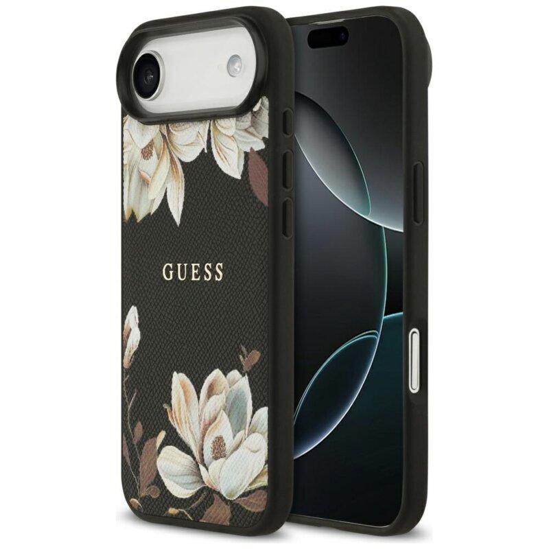 Husa iPhone 17 Air Guess Grained Flowers MagSafe, negru, GUHMP17MPGNMPLMK