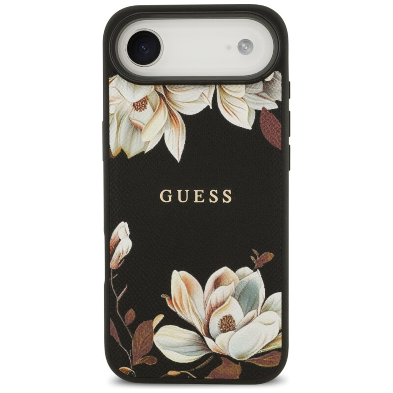 Husa iPhone 17 Air Guess Grained Flowers MagSafe, negru, GUHMP17MPGNMPLMK