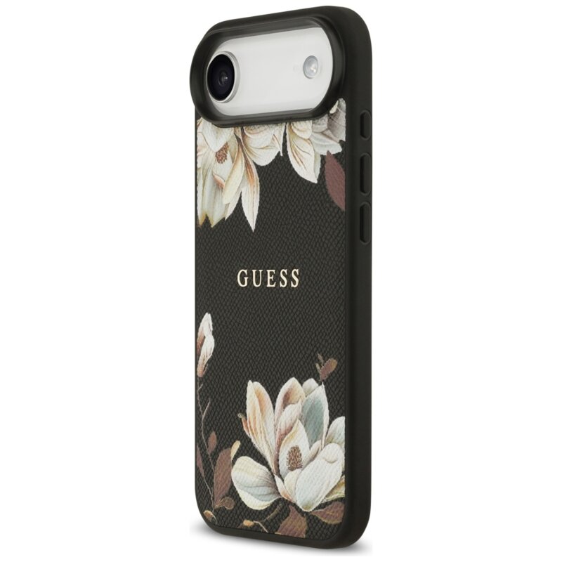 Husa iPhone 17 Air Guess Grained Flowers MagSafe, negru, GUHMP17MPGNMPLMK