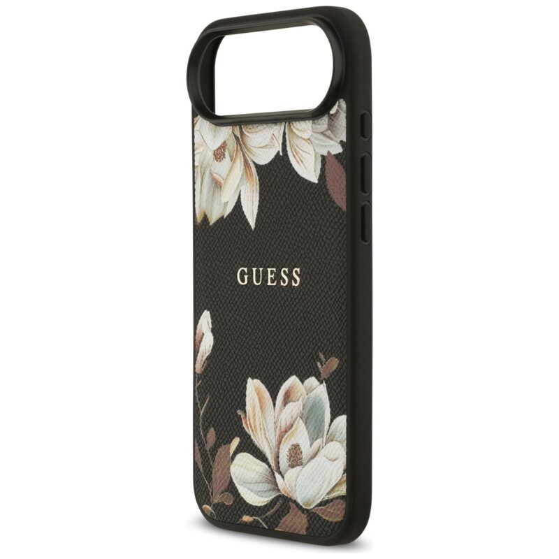 Husa iPhone 17 Air Guess Grained Flowers MagSafe, negru, GUHMP17MPGNMPLMK