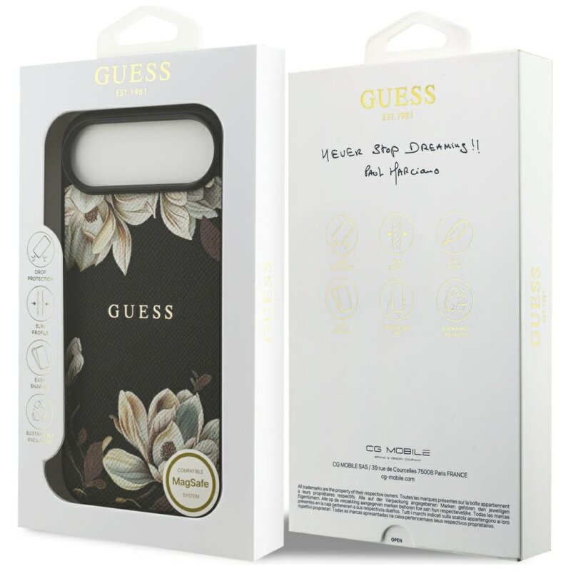 Husa iPhone 17 Air Guess Grained Flowers MagSafe, negru, GUHMP17MPGNMPLMK