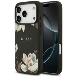 Husa iPhone 17 Pro Guess Grained Flowers MagSafe, negru, GUHMP17LPGNMPLMK