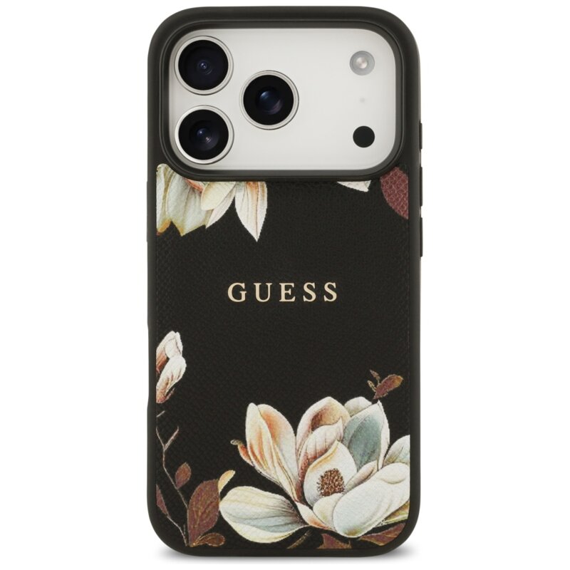 Husa iPhone 17 Pro Guess Grained Flowers MagSafe, negru, GUHMP17LPGNMPLMK
