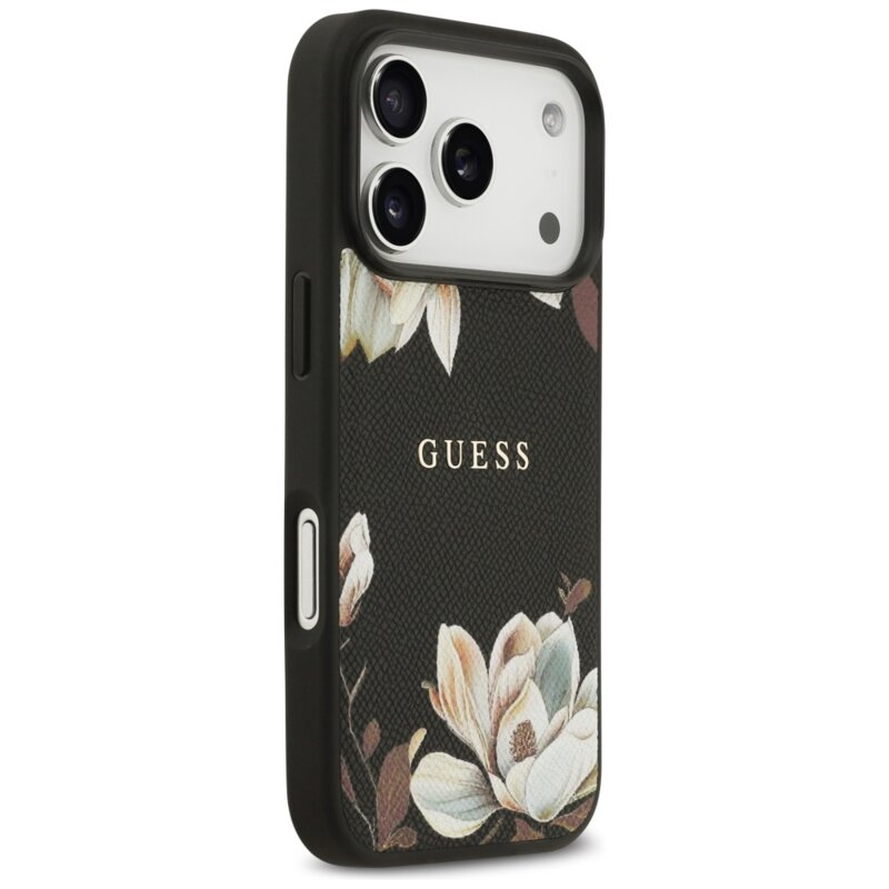 Husa iPhone 17 Pro Guess Grained Flowers MagSafe, negru, GUHMP17LPGNMPLMK