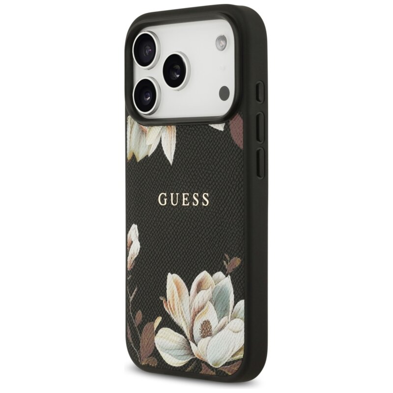 Husa iPhone 17 Pro Guess Grained Flowers MagSafe, negru, GUHMP17LPGNMPLMK