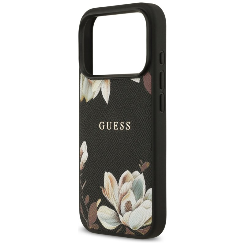 Husa iPhone 17 Pro Guess Grained Flowers MagSafe, negru, GUHMP17LPGNMPLMK
