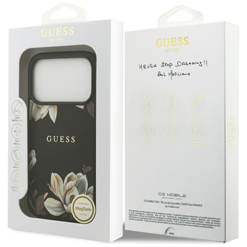 Husa iPhone 17 Pro Guess Grained Flowers MagSafe, negru, GUHMP17LPGNMPLMK