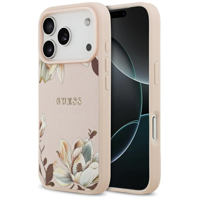 Husa iPhone 17 Pro Max Guess Grained Flowers MagSafe, roz, GUHMP17XPGNMPLMP
