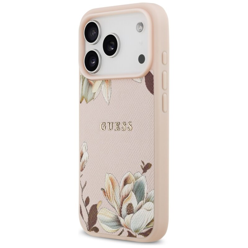 Husa iPhone 17 Pro Max Guess Grained Flowers MagSafe, roz, GUHMP17XPGNMPLMP