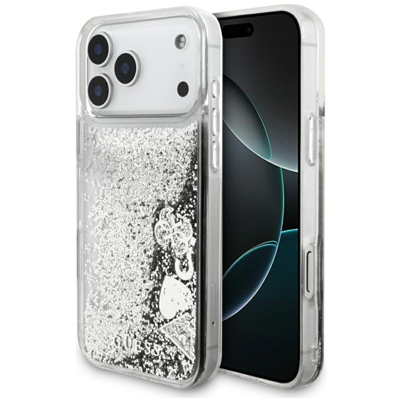 Husa Guess Liquid Glitter Charms iPhone 17 Pro Max cu sclipici, argintiu, GUHCP17XGLHFLSI