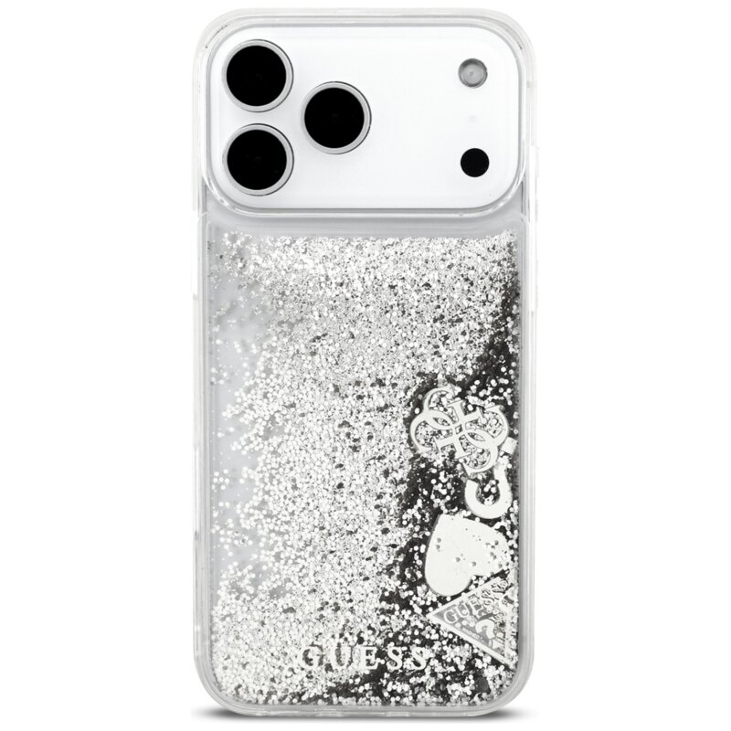 Husa Guess Liquid Glitter Charms iPhone 17 Pro Max cu sclipici, argintiu, GUHCP17XGLHFLSI