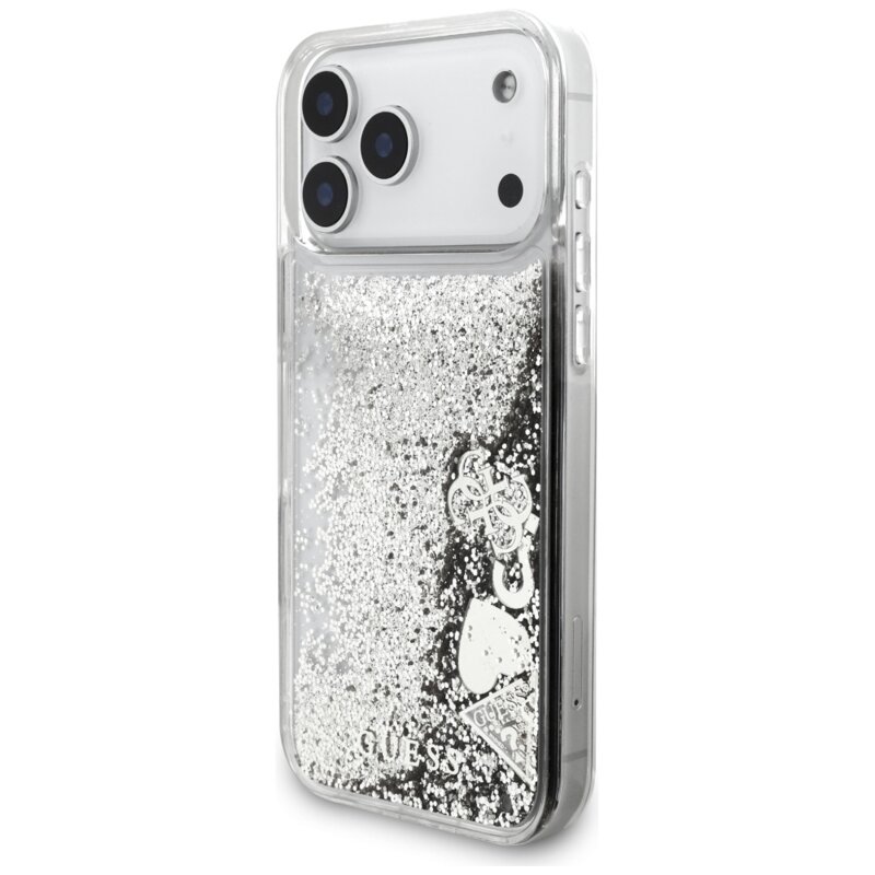 Husa Guess Liquid Glitter Charms iPhone 17 Pro Max cu sclipici, argintiu, GUHCP17XGLHFLSI