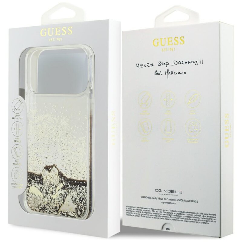 Husa Guess Liquid Glitter Charms iPhone 17 Pro Max cu sclipici, auriu, GUHCP17XGLHFLGO