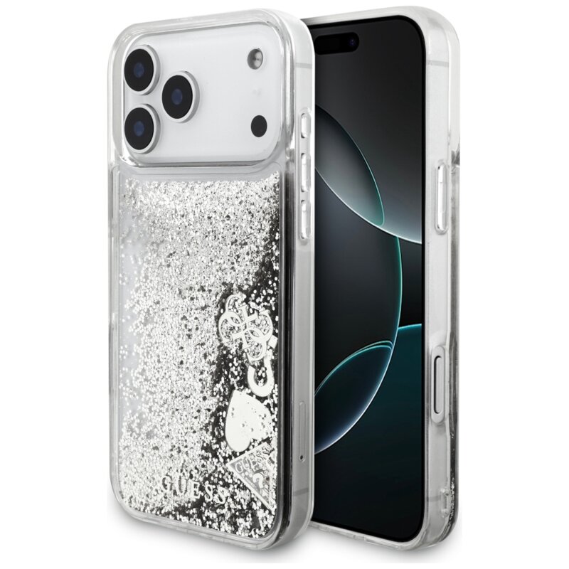 Husa Guess Liquid Glitter Charms iPhone 17 Pro cu sclipici, argintiu, GUHCP17LGLHFLSI