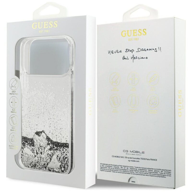 Husa Guess Liquid Glitter Charms iPhone 17 Pro cu sclipici, argintiu, GUHCP17LGLHFLSI