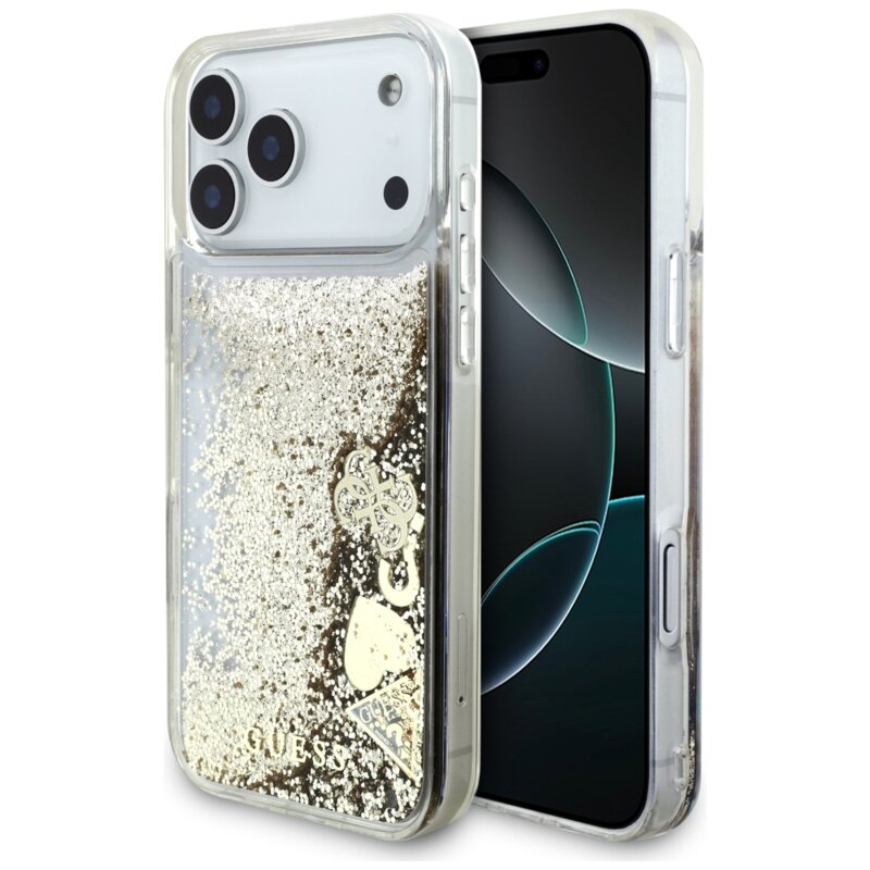 Husa Guess Liquid Glitter Charms iPhone 17 Pro cu sclipici, auriu, GUHCP17LGLHFLGO