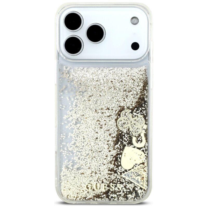 Husa Guess Liquid Glitter Charms iPhone 17 Pro cu sclipici, auriu, GUHCP17LGLHFLGO