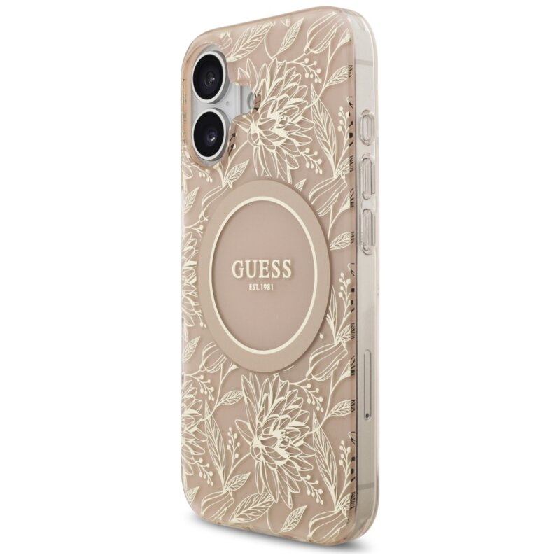 Husa iPhone 17 originala Guess IML Flowers Allover Electroplated with Pearl Strap MagSafe, negru, GUHMP17SHCPOFPP