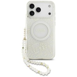Husa iPhone 17 Pro Max originala Guess IML Flowers Allover Electroplated with Pearl Strap MagSafe, alb, GUHMP17XHCPOFPH