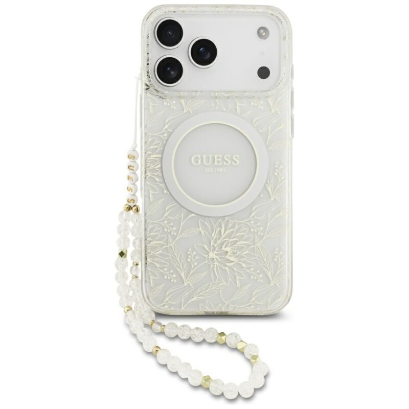 Husa iPhone 17 Pro Max originala Guess IML Flowers Allover Electroplated with Pearl Strap MagSafe, alb, GUHMP17XHCPOFPH
