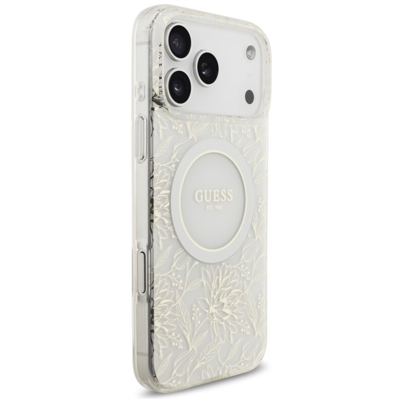 Husa iPhone 17 Pro Max originala Guess IML Flowers Allover Electroplated with Pearl Strap MagSafe, alb, GUHMP17XHCPOFPH